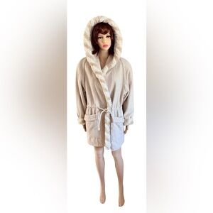 Elegant Cream Color Coat with Hood and Faux Fur Trim